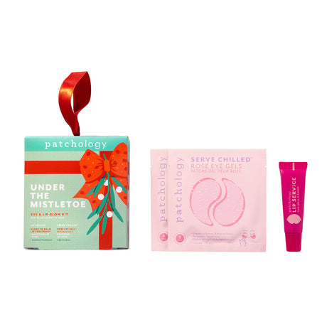 Patchology skincare products including a box labeled 'Under the Mistletoe', a pink packet, and a tube on a white background.