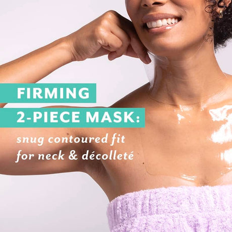 firming two piece mask woman wearing firm believer snug contoured fit for neck and chest