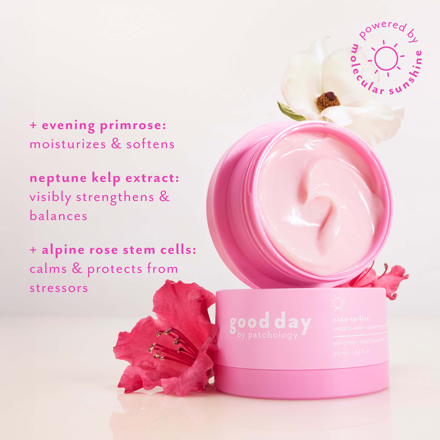 Open jar of Nine-to-Five Instant Wake-Up Morning Gel-Cream with flowers, highlighting evening primrose, Neptune kelp extract, and alpine rose stem cells.
