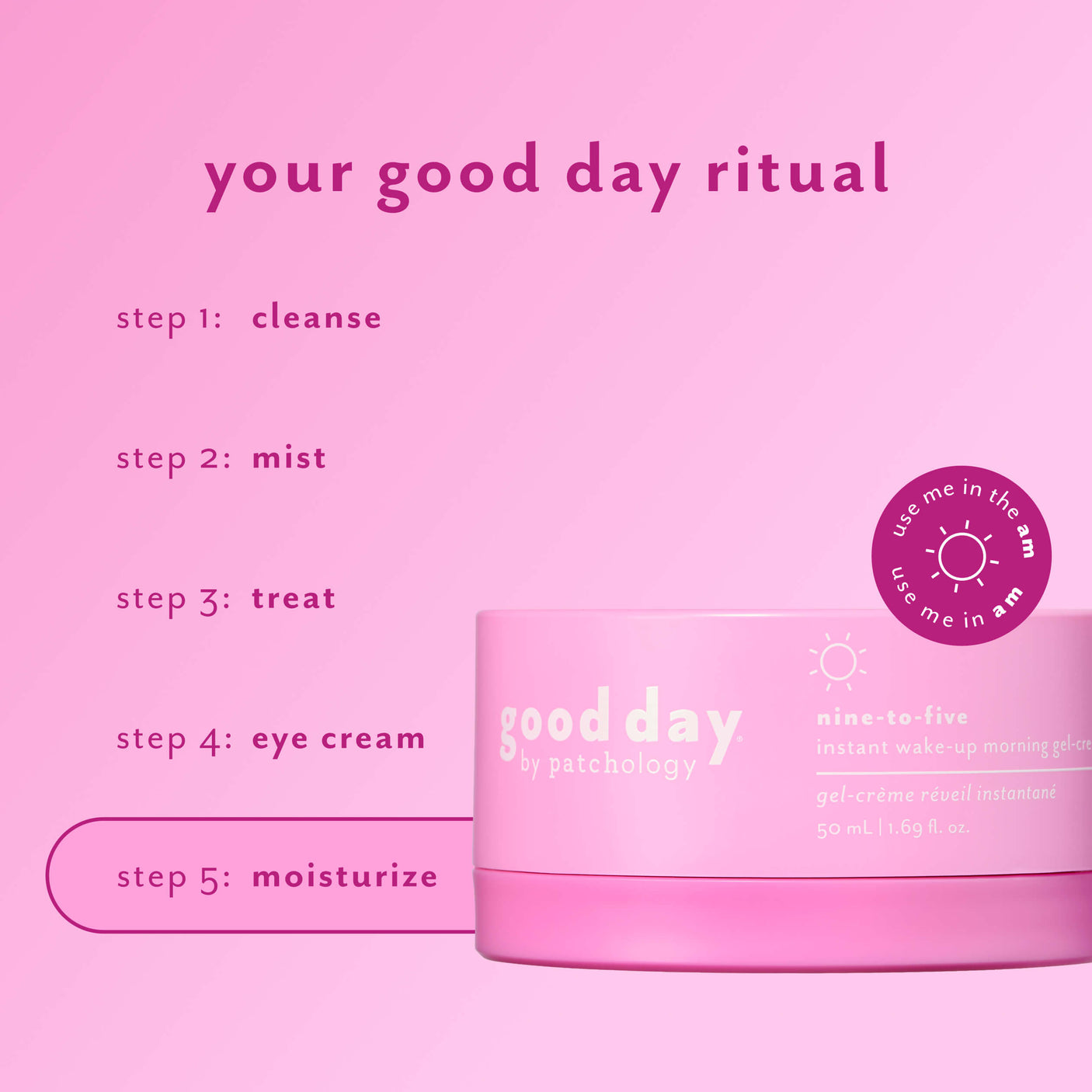 Nine-to-Five Instant Wake-Up Morning Gel-Cream featured as the moisturizing step in a five-step morning skincare ritual.