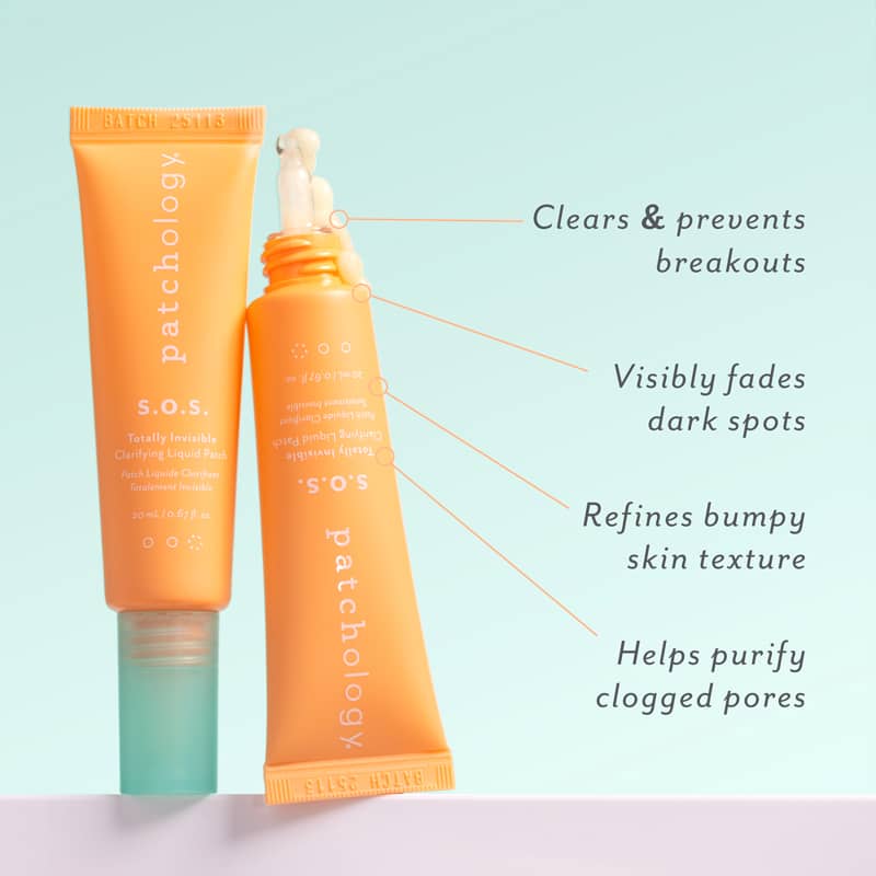 Patchology skincare products with text highlighting their benefits on a light blue background