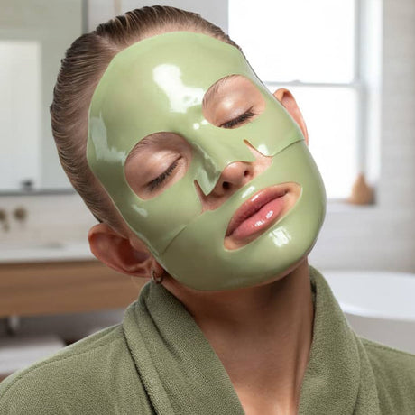Woman wearing a green facial mask in a bathroom setting