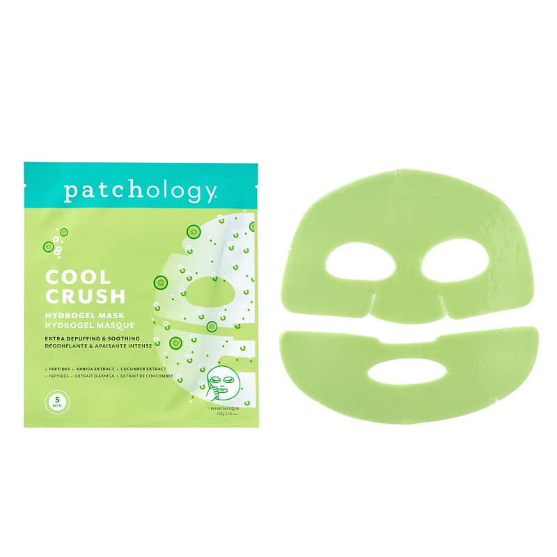 Patchology Cool Crush hydrogel face mask with green gel sheet and packaging for depuffing skincare treatment