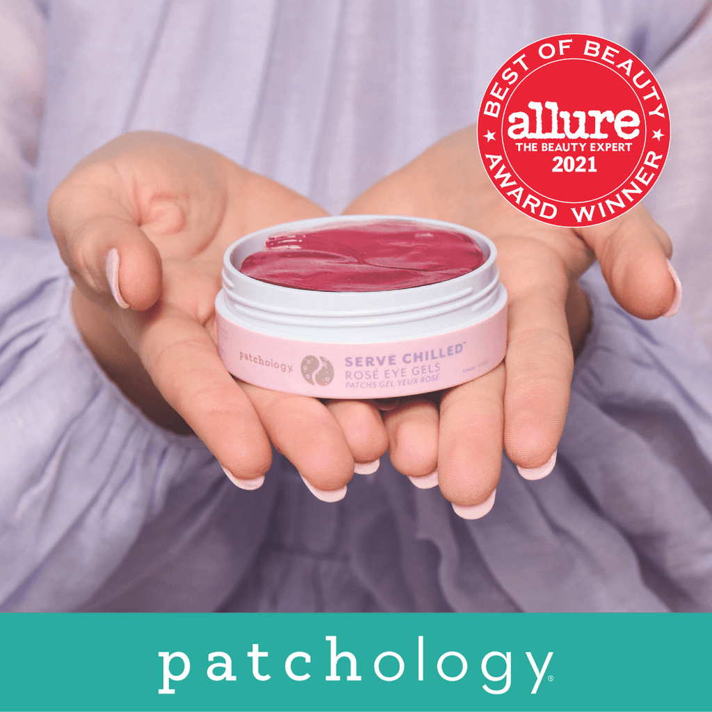 patchology won the 2021 allure magazine best of beauty award thanks to our rose under eye gels. the image shows the 15 count eye gel jar in the palm of hands