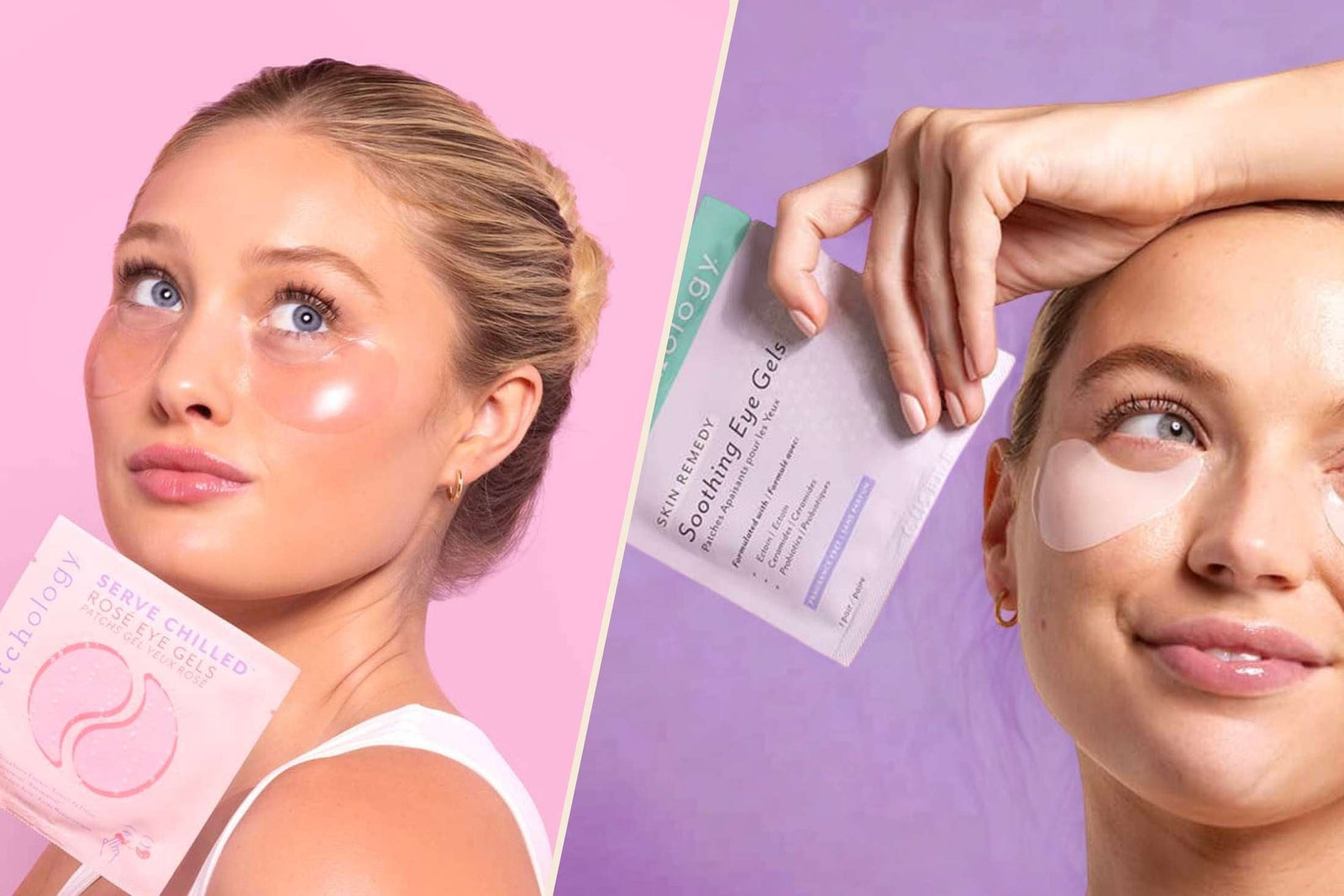 Two models showcasing Patchology under-eye gels against pink and purple backgrounds—one holding Serve Chilled Rosé Eye Gels, the other applying Skin Remedy Soothing Eye Gels.