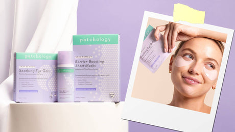 Patchology Skin Remedy soothing eye gels and sheet masks set with model wearing under-eye patches on purple background