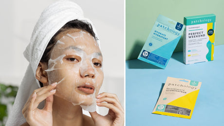 Woman applying sheet mask with Patchology hydrate and illuminate mask packs on pastel background