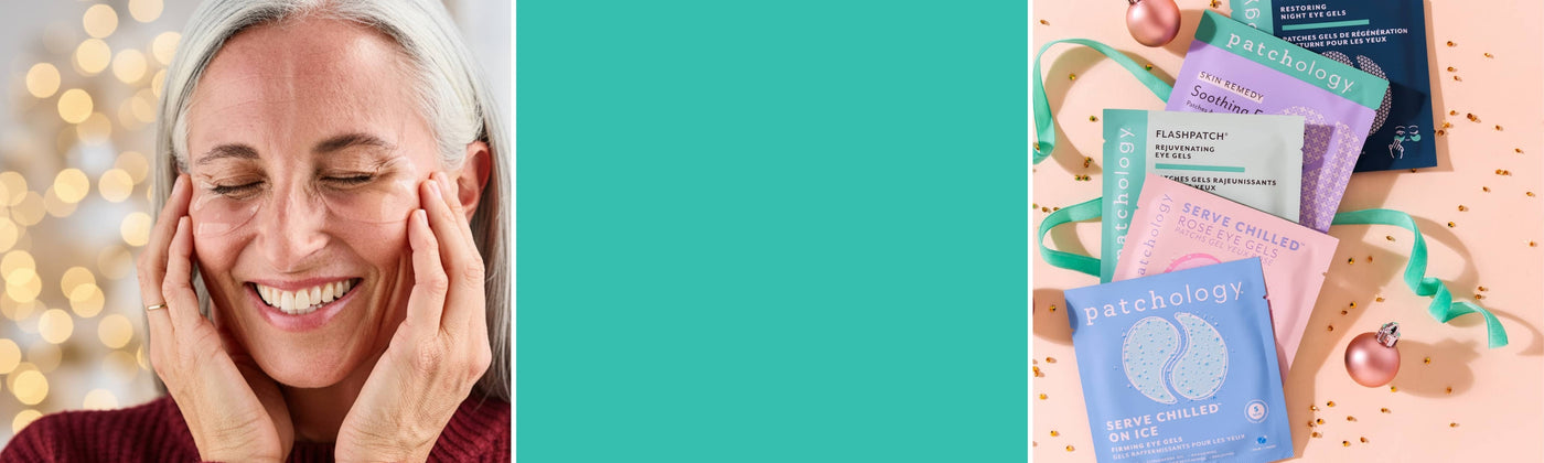 Woman applying cream, teal background, and skincare Patching All Way eye masks packaging on a pink surface.