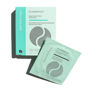 Patchology eye gel patches box tucked in beige underwear waistband with tattooed hip visible in lifestyle setting
