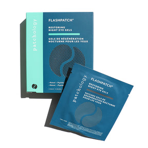 Patchology FlashPatch Restoring Night Eye Gels box with single-use sachet, highlighting overnight treatment with retinol and peptides for smoother, revitalised under-eye skin
