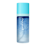 A bottle of Good Day Crystal Clear Refreshing Mineral Micra Mist, featuring a light blue cap and a blue-to-clear gradient bottle, centered on a solid green background.