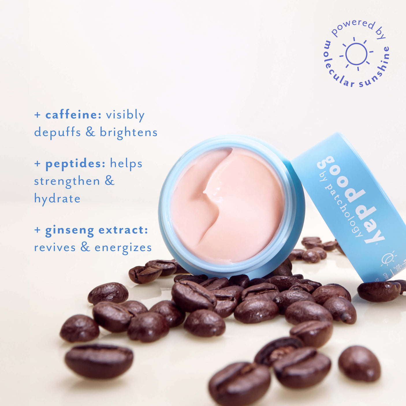 Open jar of Eye Pillow 360° Brightening Eye Cream surrounded by coffee beans, highlighting caffeine, peptides, and ginseng extract.
