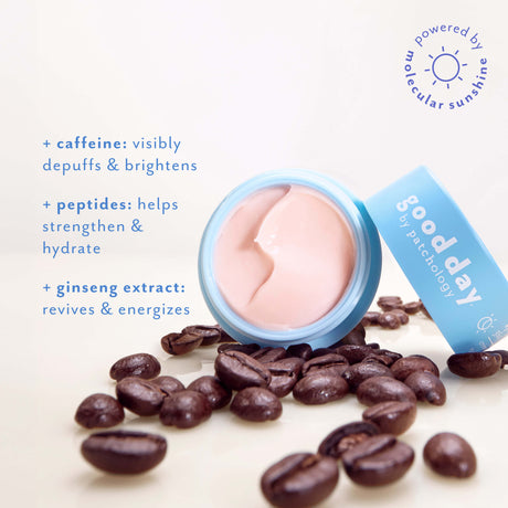 Open jar of Eye Pillow 360° Brightening Eye Cream surrounded by coffee beans, highlighting caffeine, peptides, and ginseng extract.