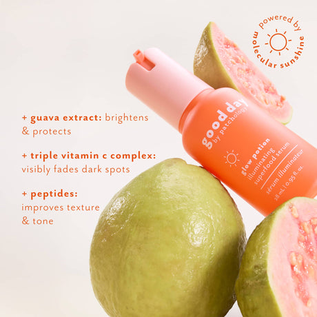 An orange and pink Good Day Glow Potion serum bottle is styled with whole and sliced guava fruits on a warm off-white background, accompanied by text detailing its ingredients and a 'powered by molecular sunshine' badge.