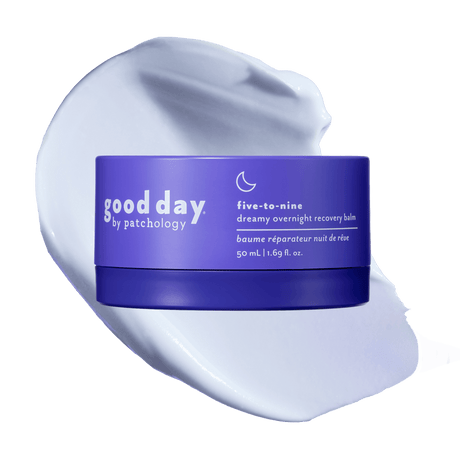 Purple jar of Five-to-Nine Dreamy Overnight Recovery Balm displayed over a pale lavender cream swatch.
