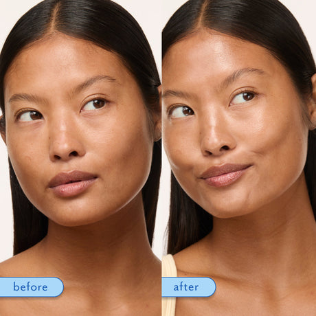 Before-and-after portraits showing brighter, smoother under-eyes after using Eye Pillow 360° Brightening Eye Cream.