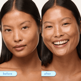 Before-and-after split comparison of a woman's face showing a skincare or makeup result. The left side labeled 'before' shows a matte, natural complexion, and the right side labeled 'after' shows a brighter, more radiant, and evenly lit complexion.