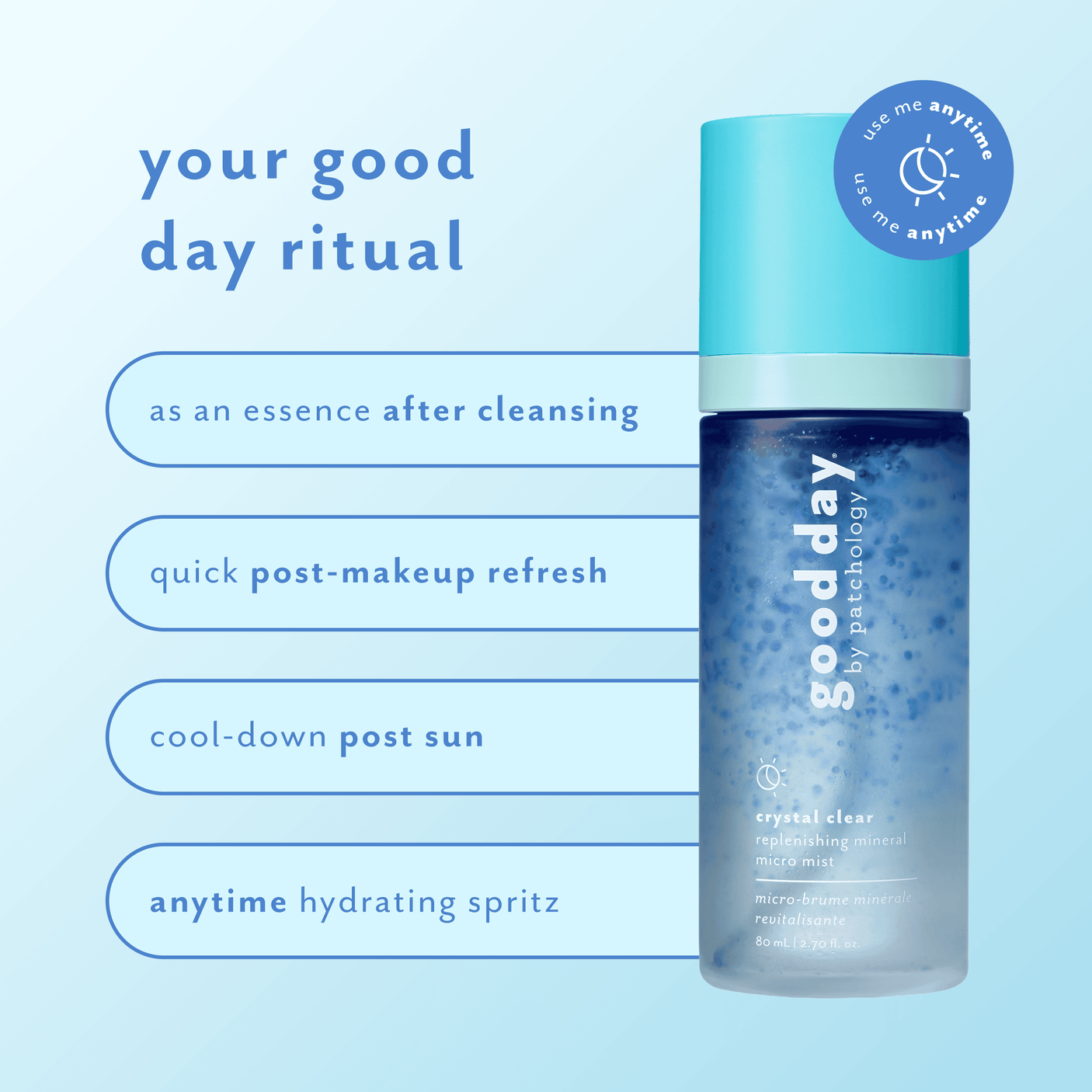A skincare bottle labeled 'good day' on a light blue background with marketing text reading 'your good day ritual' and four benefit callouts.