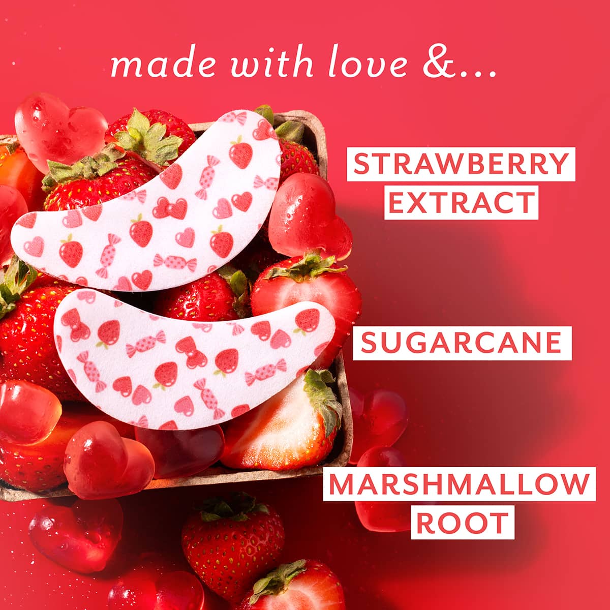 Strawberry-themed product with text on a red background strawberry extract sugarcane marshmallow root