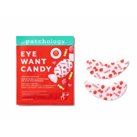 'Eye Want Candy' eye patch packaging with two patches on a white background
