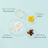 Ingredients used in skincare products displayed in petri dishes on a light blue background.