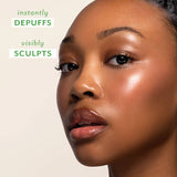 Close-up of a woman's face with text indicating product benefits on a beige background