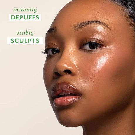 Close-up of a woman's face with text indicating product benefits on a beige background