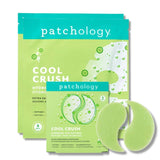 Patchology Cool Crush hydrogel eye patches pack with green gel patches, de-puffing under-eye skincare product display
