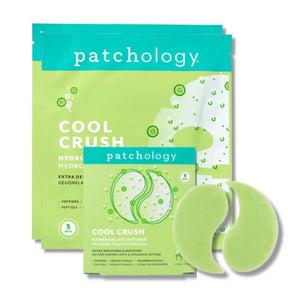 Patchology Cool Crush hydrogel eye patches pack with green gel patches, de-puffing under-eye skincare product display
