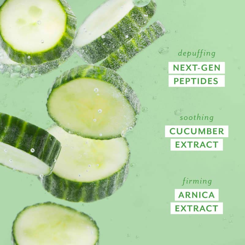 Cucumber slices with text highlighting cool crush ingredients on a green background