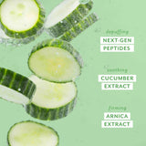 Cucumber slices with text highlighting ingredients on a green background