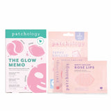 Three packages of Patchology skincare products on a white background