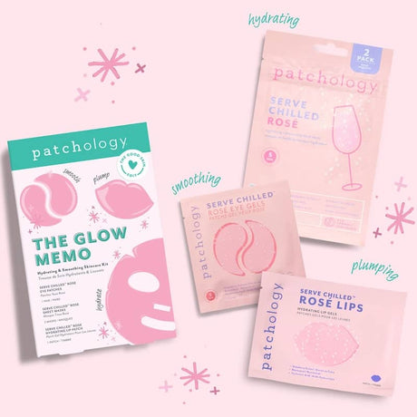 Patchology skincare masks with product names and descriptions on a light pink background