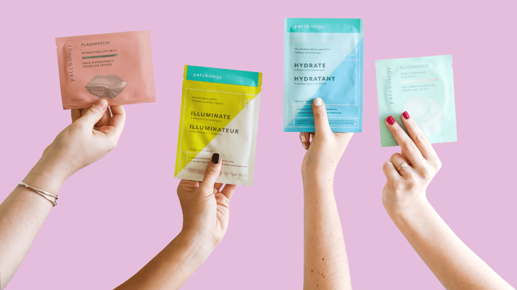 women's hands holding patchology product including the hydrating lip gels, illuminate sheet mask, hydrate sheet mask and the rejuvenating under eye gels