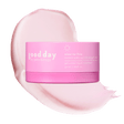 Pink jar of Nine-to-Five Instant Wake-Up Morning Gel-Cream displayed over a pale pink gel-cream swatch.