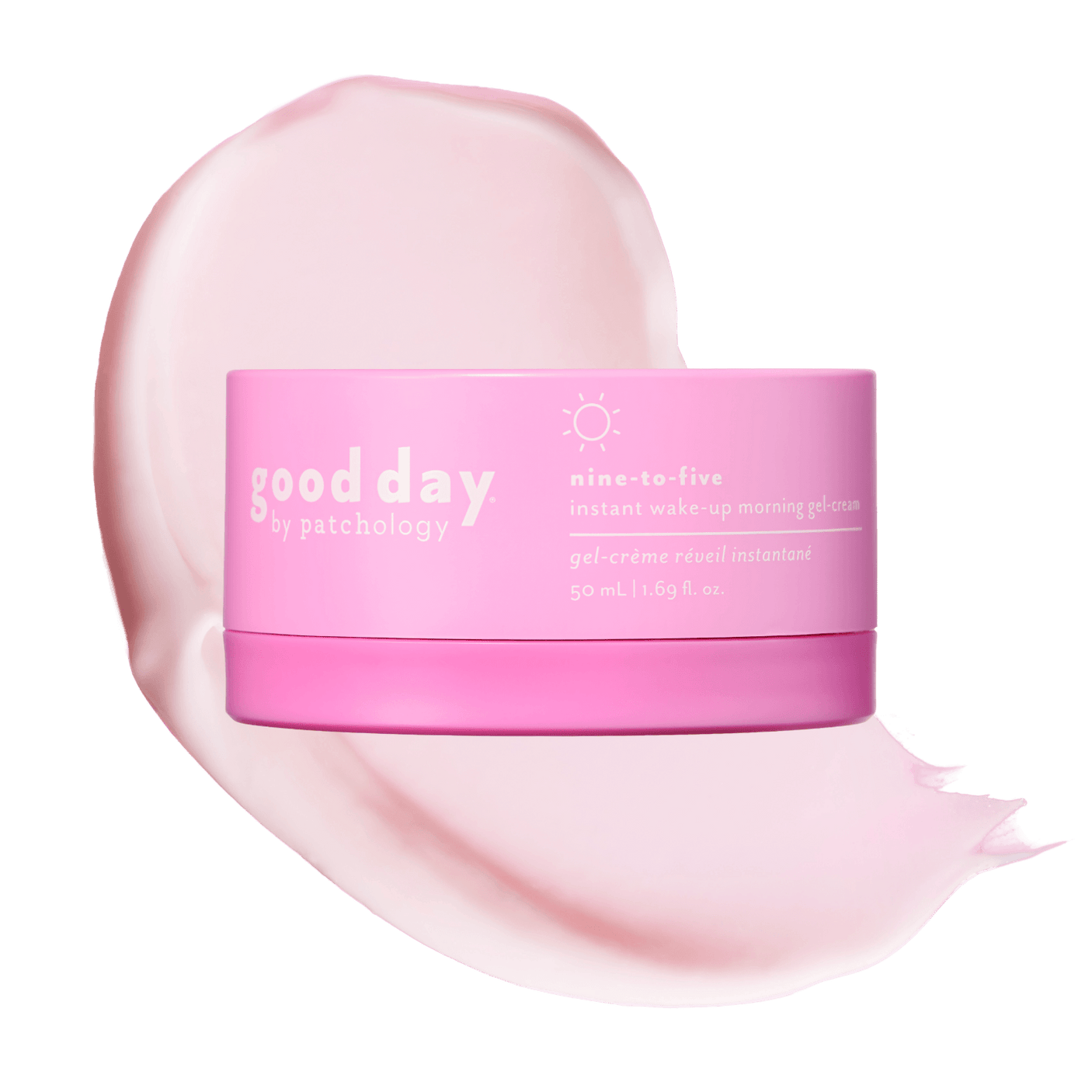 Pink jar of Nine-to-Five Instant Wake-Up Morning Gel-Cream displayed over a pale pink gel-cream swatch.
