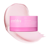 Pink jar of Nine-to-Five Instant Wake-Up Morning Gel-Cream displayed over a pale pink gel-cream swatch.