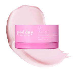 Pink jar of Nine-to-Five Instant Wake-Up Morning Gel-Cream displayed over a pale pink gel-cream swatch.