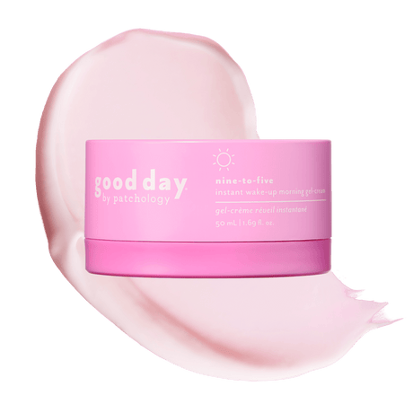 Pink jar of Nine-to-Five Instant Wake-Up Morning Gel-Cream displayed over a pale pink gel-cream swatch.