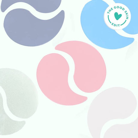 Colorful abstract under eye patches on a white background with 'The Good Skin Edit' logo.