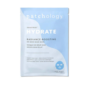 A blue packaging of Patchology SmartMud Hydrate Radiance-Boosting Mud Mask with a white and blue design, indicating it is a hydration boosting mask for the skin.