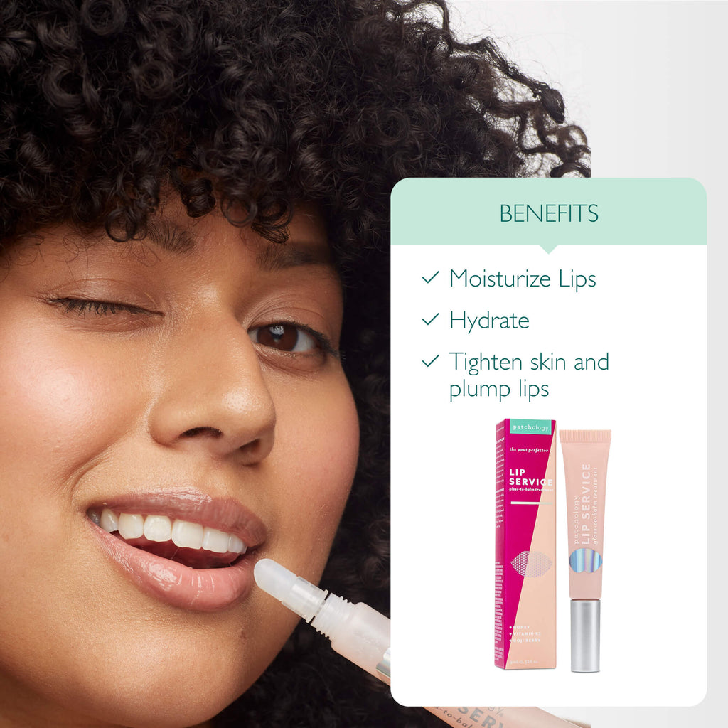 woman apply lip service gloss. benefits include moisturizing lips, hydration and tighten skin and plump lips